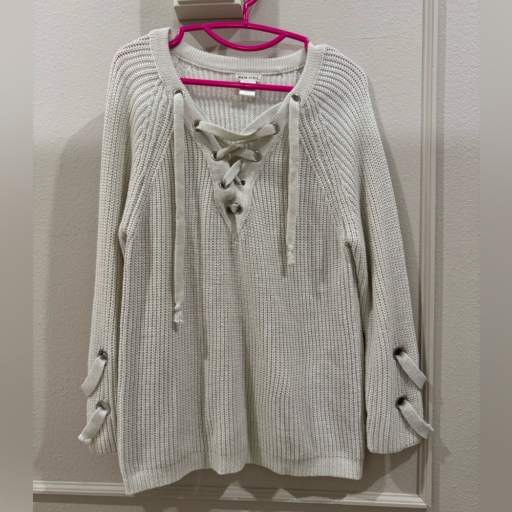 Main Strip S Lace-Up winter ribbed knit  Sweater - Cream